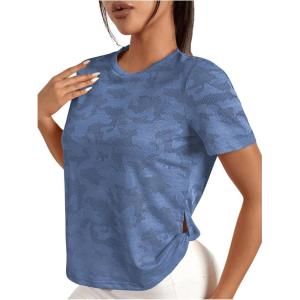 imageOYOANGLE Womens Camo Print Mesh Short Sleeve Workout Tops Curved Hem Sports Tee Shirts Exercise Active TopsBlue