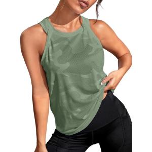 imageOYOANGLE Womens Camo Print Sleeveless Workout Shirts Exercise Running Tank Tops Active Gym TopsGreen