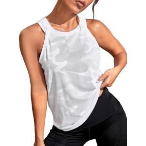 imageOYOANGLE Womens Camo Print Sleeveless Workout Shirts Exercise Running Tank Tops Active Gym TopsWhite