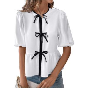 imageOYOANGLE Womens Contrast Binding Bow Front Peplum Blouse Crew Neck Puff Short Sleeve Y2K Babydoll TopBlack and White