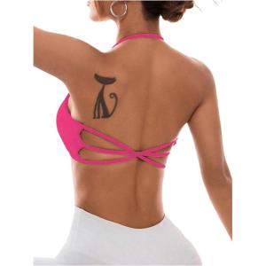 imageOYOANGLE Womens Criss Cross Backless Halter Sports Bra Padded Workout Yoga Bras Athletic Cami Cop TopHot Pink