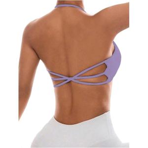 imageOYOANGLE Womens Criss Cross Backless Halter Sports Bra Padded Workout Yoga Bras Athletic Cami Cop TopPurple