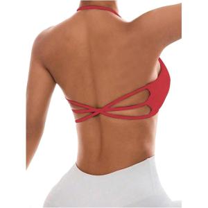 imageOYOANGLE Womens Criss Cross Backless Halter Sports Bra Padded Workout Yoga Bras Athletic Cami Cop TopRed