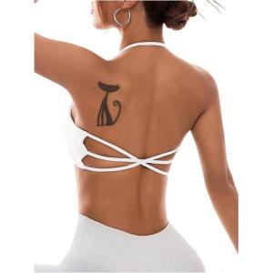imageOYOANGLE Womens Criss Cross Backless Halter Sports Bra Padded Workout Yoga Bras Athletic Cami Cop TopWhite