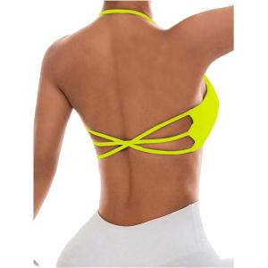 imageOYOANGLE Womens Criss Cross Backless Halter Sports Bra Padded Workout Yoga Bras Athletic Cami Cop TopYellow