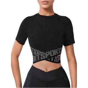 imageOYOANGLE Womens Criss Cross Letter Tape Sports Crop Top Cut Out Crew Neck Fitted TShirts Athletic Tight ShirtsBlack