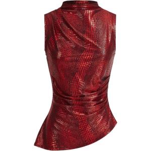 imageOYOANGLE Womens Crocodile Embossed PU Leather Mock Neck Tank Top Ruched Asymmetrical Hem Sleeveless TopsRed