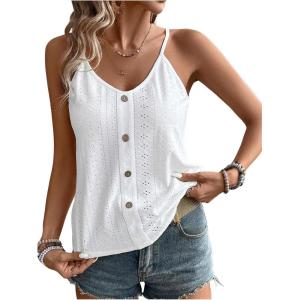 imageOYOANGLE Womens Eyelet Embroidery Cami Tank Tops Spaghetti Strap V Neck Casual Vacation Button Decor CamisolesWhite