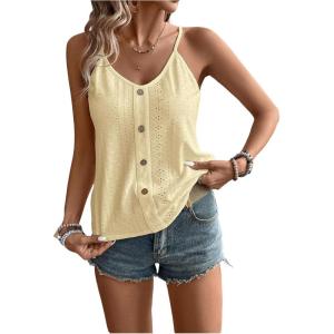 imageOYOANGLE Womens Eyelet Embroidery Cami Tank Tops Spaghetti Strap V Neck Casual Vacation Button Decor CamisolesYellow