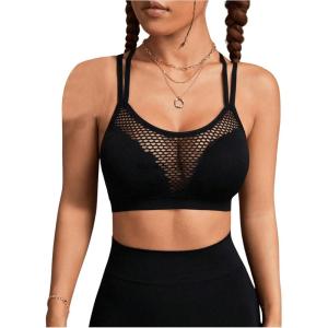 imageOYOANGLE Womens Fishnet Wireless Sports Bra Criss Cross Back Knitted Crop Tops Push Up Workout BralettesBlack