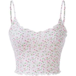 imageOYOANGLE Womens Floral Print Cami Top Spaghetti Strap Lettuce Trim Cute Fitted Crop CamisoleMulticolor