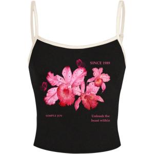 imageOYOANGLE Womens Floral Print Y2K Camisoles Spaghetti Strap Slim Fit Crop Tank TopsBlack