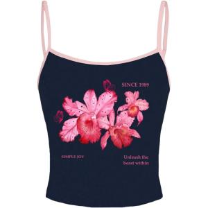 imageOYOANGLE Womens Floral Print Y2K Camisoles Spaghetti Strap Slim Fit Crop Tank TopsDeep Blue
