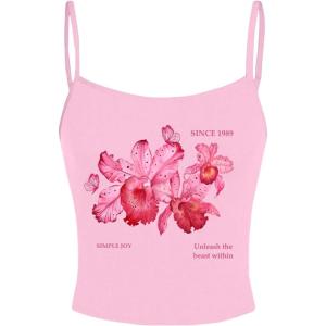 imageOYOANGLE Womens Floral Print Y2K Camisoles Spaghetti Strap Slim Fit Crop Tank TopsPink
