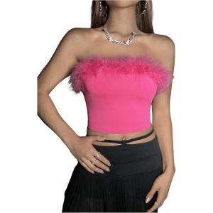 imageOYOANGLE Womens Fuzzy Trim Strapless Sleeveless Solid Fitted Bandeau Crop Tube TopHot Pink