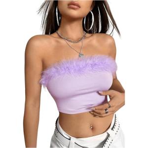 imageOYOANGLE Womens Fuzzy Trim Strapless Sleeveless Solid Fitted Bandeau Crop Tube TopPurple
