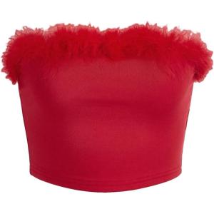 imageOYOANGLE Womens Fuzzy Trim Strapless Sleeveless Solid Fitted Bandeau Crop Tube TopRed