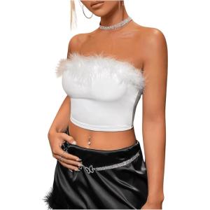 imageOYOANGLE Womens Fuzzy Trim Strapless Sleeveless Solid Fitted Bandeau Crop Tube TopWhite