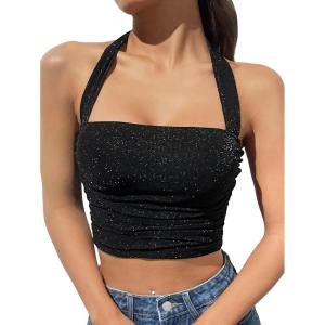 imageOYOANGLE Womens Glitter Sparkly Sleeveless Tie Backless Ruched Crop Halter Tops Party ClubwearBlack