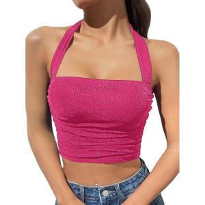 imageOYOANGLE Womens Glitter Sparkly Sleeveless Tie Backless Ruched Crop Halter Tops Party ClubwearHot Pink