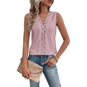 imageOYOANGLE Womens Guipure Lace V Neck Vest Tank Top Sleeveless Workwear Office BlousePink