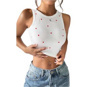 imageOYOANGLE Womens Heart Embroidery Ribbed Knit Crop Tank Tops Slim Fitted Crew Neck Sleeveless TopWhite