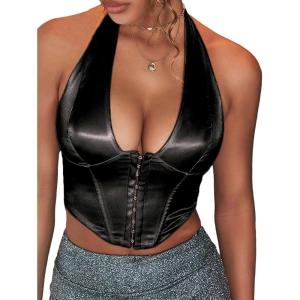 imageOYOANGLE Womens Hook and Eye Halter Corset Top V Neck Backless Sleeveless Crop Bustier TopsBlack