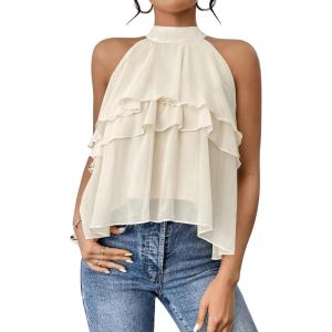 imageOYOANGLE Womens Layered Ruffle Hem Sleeveless Halter Chiffon Blouse Flowy Tank TopsBeige