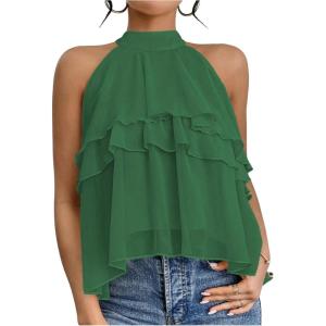 imageOYOANGLE Womens Layered Ruffle Hem Sleeveless Halter Chiffon Blouse Flowy Tank TopsDark Green