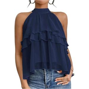 imageOYOANGLE Womens Layered Ruffle Hem Sleeveless Halter Chiffon Blouse Flowy Tank TopsDeep Blue