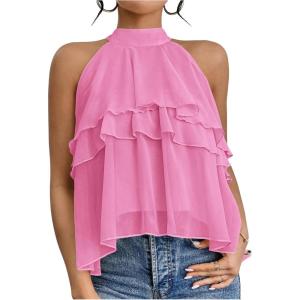 imageOYOANGLE Womens Layered Ruffle Hem Sleeveless Halter Chiffon Blouse Flowy Tank TopsPink