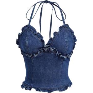 imageOYOANGLE Womens Lettuce Trim Spaghetti Straps Tie Backless Halter Denim Top Slim Fitted Jean Cami TopsDark Wash