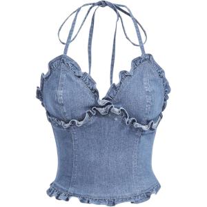 imageOYOANGLE Womens Lettuce Trim Spaghetti Straps Tie Backless Halter Denim Top Slim Fitted Jean Cami TopsMedium Wash