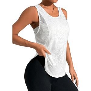 imageOYOANGLE Womens Mesh Workout Tank Top Athletic Running Sleeveless Shirts Yoga Gym TopsWhite