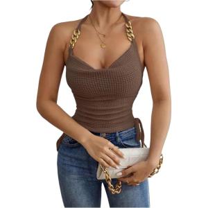 imageOYOANGLE Womens Metal Strap Ruched Tie Back Halter Tops Sleeveless Waffle Knit Tie Side Cami TopsBrown