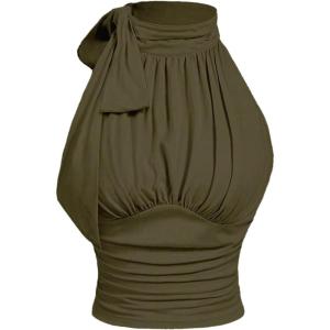imageOYOANGLE Womens Mock Neck Tie Knot Tank Tops Sleeveless Slim Fit Ruched Elegant Work BlousesArmy Green