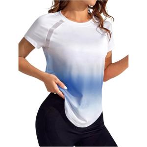 imageOYOANGLE Womens Ombre Raglan Short Sleeve Workout T Shirt Crew Neck Curved Hem Gym Athletic Shirt TopsBlue