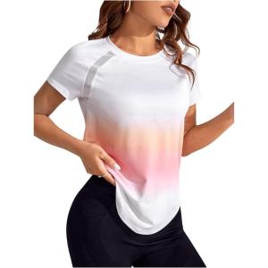 imageOYOANGLE Womens Ombre Raglan Short Sleeve Workout T Shirt Crew Neck Curved Hem Gym Athletic Shirt TopsWhite and Pink