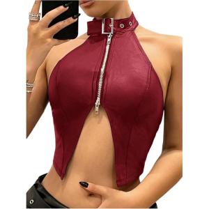 imageOYOANGLE Womens PU Leather Buckle Zipper Front Halter Tank Tops Y2k Backless Asymmetrical Hem Crop TopRed
