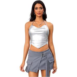 imageOYOANGLE Womens PU Leather Going Out Top Summer Sleeveless Draped Halter Crop Tank Cami TopLight Silver