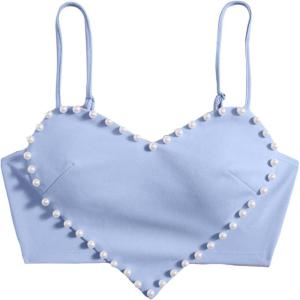 imageOYOANGLE Womens Pearls Trim Asymmetrical Hem Cami Crop Top Sleeveless Backless Spaghetti Strap CamisoleBlue
