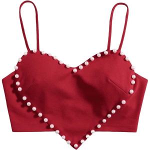 imageOYOANGLE Womens Pearls Trim Asymmetrical Hem Cami Crop Top Sleeveless Backless Spaghetti Strap CamisoleBurgundy