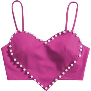 imageOYOANGLE Womens Pearls Trim Asymmetrical Hem Cami Crop Top Sleeveless Backless Spaghetti Strap CamisoleHot Pink