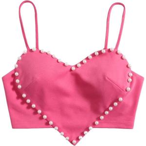 imageOYOANGLE Womens Pearls Trim Asymmetrical Hem Cami Crop Top Sleeveless Backless Spaghetti Strap CamisolePink