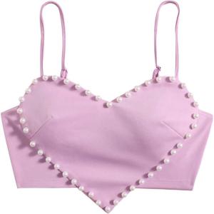 imageOYOANGLE Womens Pearls Trim Asymmetrical Hem Cami Crop Top Sleeveless Backless Spaghetti Strap CamisolePurple