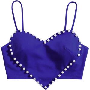 imageOYOANGLE Womens Pearls Trim Asymmetrical Hem Cami Crop Top Sleeveless Backless Spaghetti Strap CamisoleRoyal Blue