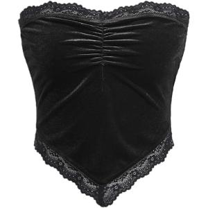 imageOYOANGLE Womens Ruched Lace Trim Strapless Asymmetrical Hem Velvet Bandana Crop Tube TopBlack
