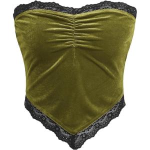 imageOYOANGLE Womens Ruched Lace Trim Strapless Asymmetrical Hem Velvet Bandana Crop Tube TopOlive Green