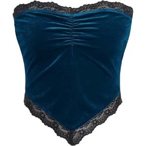 imageOYOANGLE Womens Ruched Lace Trim Strapless Asymmetrical Hem Velvet Bandana Crop Tube TopTeal Blue