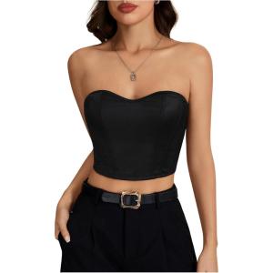 imageOYOANGLE Womens Satin Strapless Tube Top Solid Sleeveless Bandeau Crop Tops Party Night Out Corset TopBlack